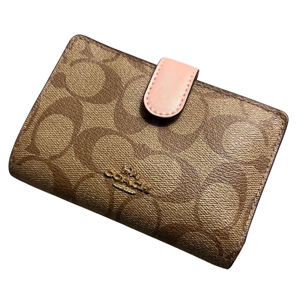 Coach Medium Corner Zip Wallet Signature Canvas Khaki Pink